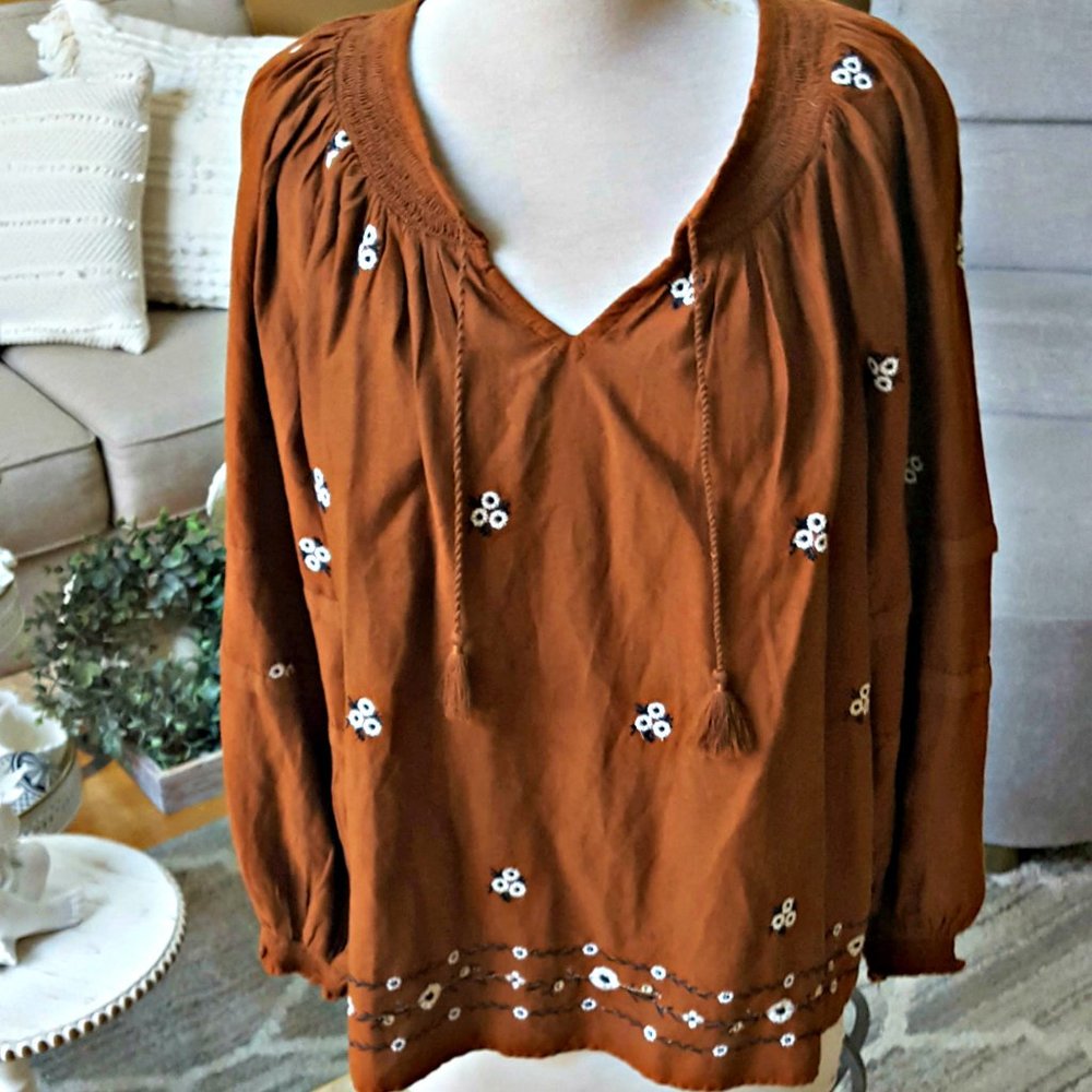 SO BOHO Smock BLOUSE Embroidered SZ XL